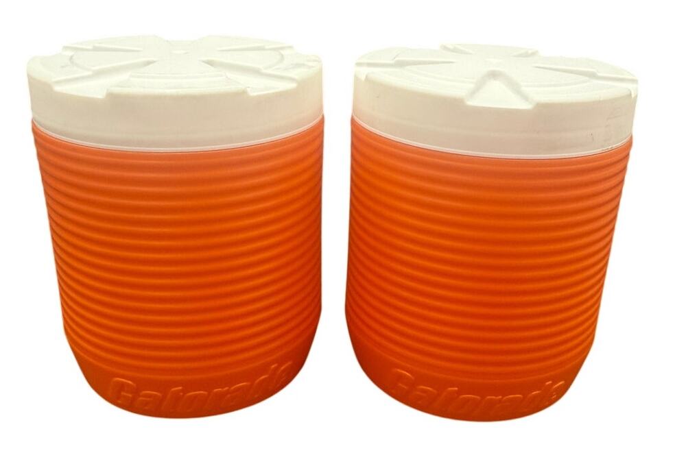 Vintage Gatorade mini Water Cooler Jug Orange White Lid Set 2